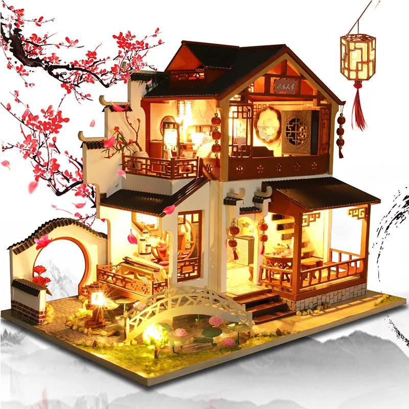 WYD DIY Chinese DIY Doll House Ancient Architecture Handmade Mini Wooden House Miniature Dollhouse Furniture Set Children Toys New Year Birthday Wedding Gift Panxi Tea House