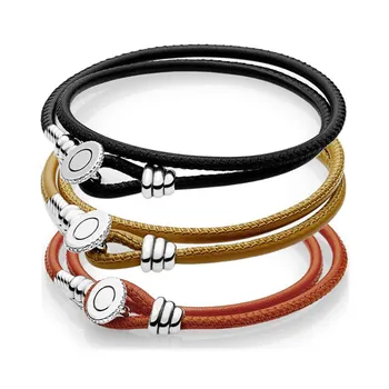 

Multicolor Double Leather With Logo Button Clasp 925 Sterling Silver Bracelet Fit Pandora Original Bangle Bead Charm Diy Jewelry