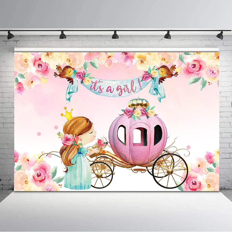

Pink Flower Baby Shower Backdrop It's a Girl Photo Background Pink Princess Carriage Dessert Table Decor Photography Backdrops