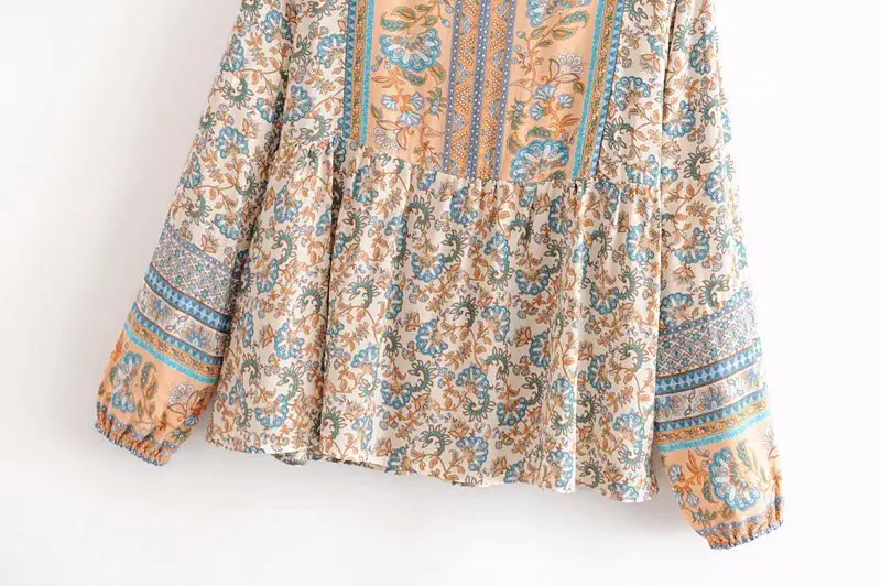Boho Chic Женские топы, винтажные свободные блузки с цветочным принтом, женские пляжные рубашки с круглым вырезом и длинным рукавом, Blusas Mujer