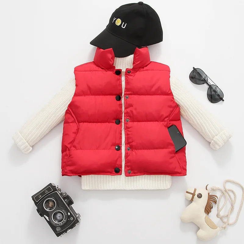 Red Vest Детское зимнее пальто повседневная однотонная детская пуховая куртка пальто на утином пуху короткие парки с капюшоном и принтом из фольги для мальчиков и девочек, От 3 до 8 лет - Цвет: Red Vest