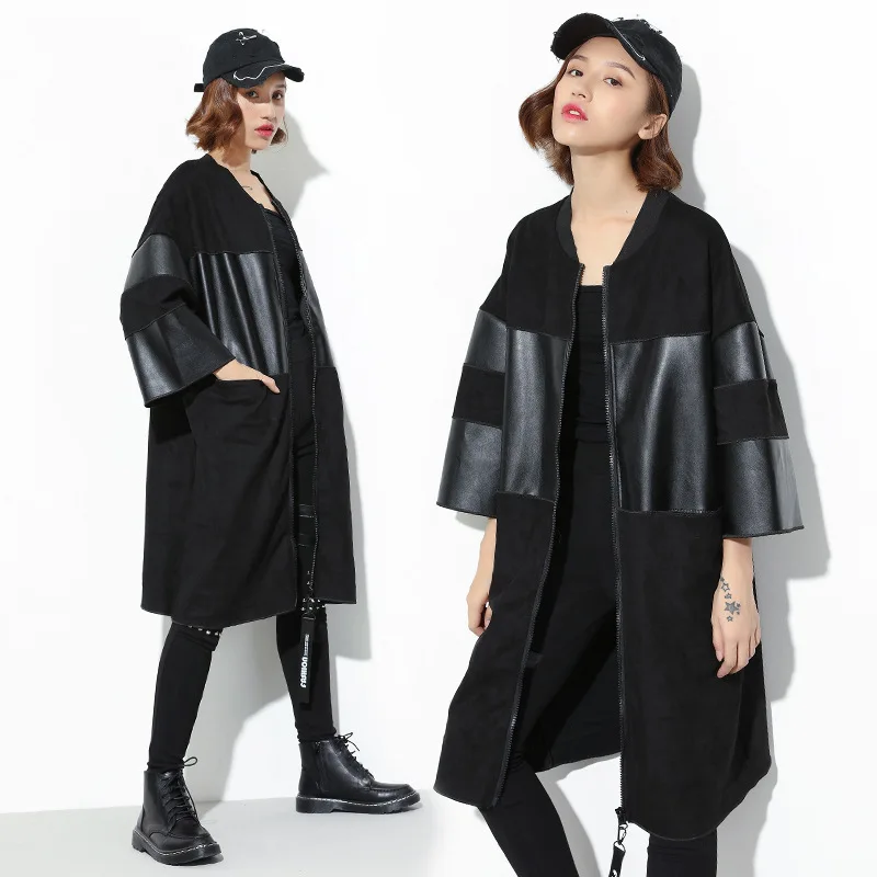 

Loose Fit Black Patchwork Pu Leather Spliced Big Size Long Jacket New Stand Collar 3/4 Sleeve Women Coat Fashion Autumn 2019