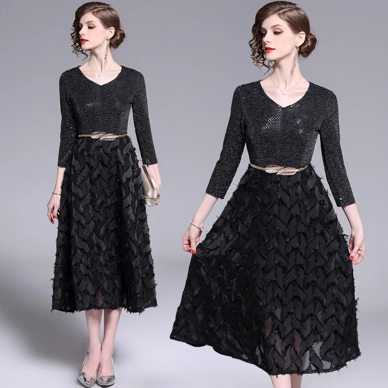 

Photo Shoot-2019 Spring And Summer New Style Sexy V-neck Long Sleeve Sequins Dress Black And White with Pattern Elegant Long A-