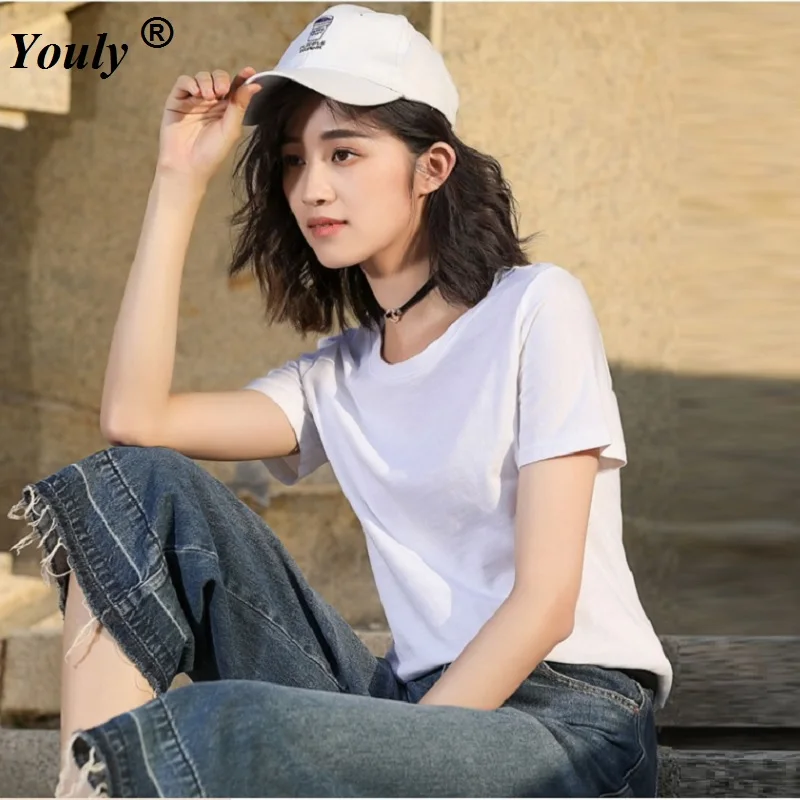 

100% Slub Cotton Women Crew Neck Multicolor Basic Style Minimalist T-Shirt Top 2021 Summer Casual Loose Solid T-shirt Top Female