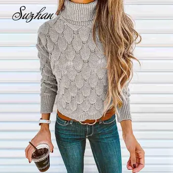 

Suzhan Fashion Turtleneck Knitted Pullovers Women Sweaters Slim Long Sleeve Solid Color Knitwear Autumn Sweaters Tops