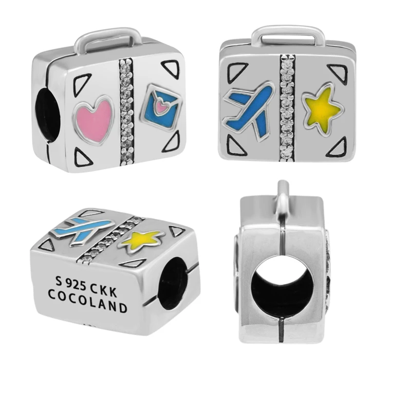 

Beads 100% 925 Sterling Silver Suitcase Mixed Enamel Zircon Charm for Jewelry Making Fit Charms Bracelets free shipping YK047