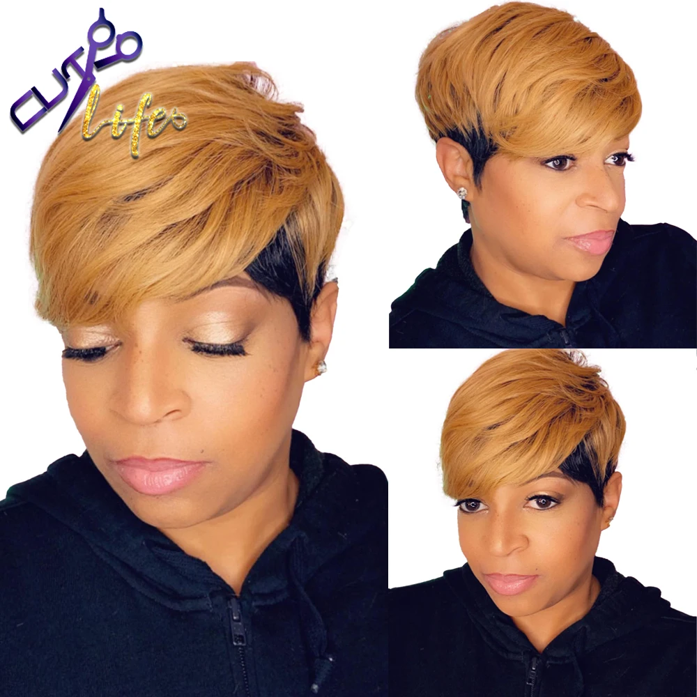 1B30 Honey Blonde Ombre Color Short Wavy Bob Pixie Cut Full Machine Made No  Lace Human Hair Wigs With Bangs For Black Women Remy - Full Machine Wigs -  Aliexpress