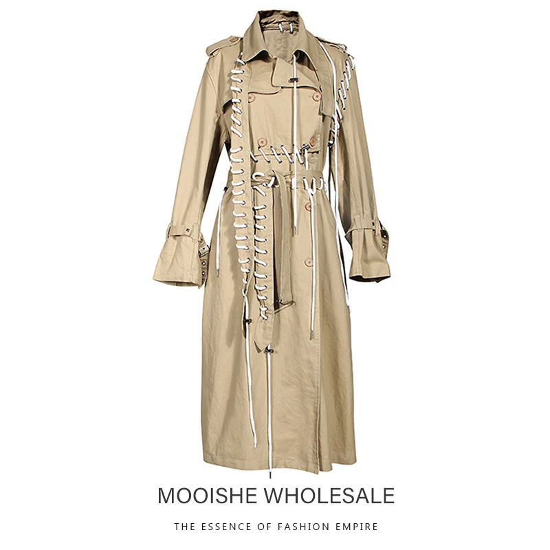 

Khaki Rope Windbreaker 19 Autumn New Women's Long Over Knee Loose Thin Temperament Drawstring Design Jacket