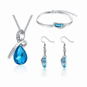 

Exquisite Water Drops Austria Crystal Bridal Wedding Jewelry Set Women's 925 Sterling Silver Necklace Earrings Bracelet Set Gift
