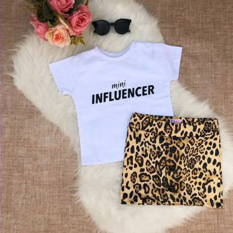 Toddler Kids Baby Girl Leopard Print Clothes Tops Letter T-Shirt+Button Short Skirt 2PCS Outfits Set | Детская одежда и обувь
