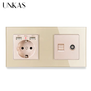 

UNKAS Crystal Glass Panel EU Standard Electric Socket with 2 USB + 1 Gang RJ11 Telephone and Female TV Jack Connector 172*86mm