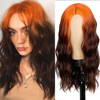 

Ombre Orange Gradient Brown Long Water Wave Hairstyle Wigs For Women Synthetic Wig High Temperature Fiber Average Size