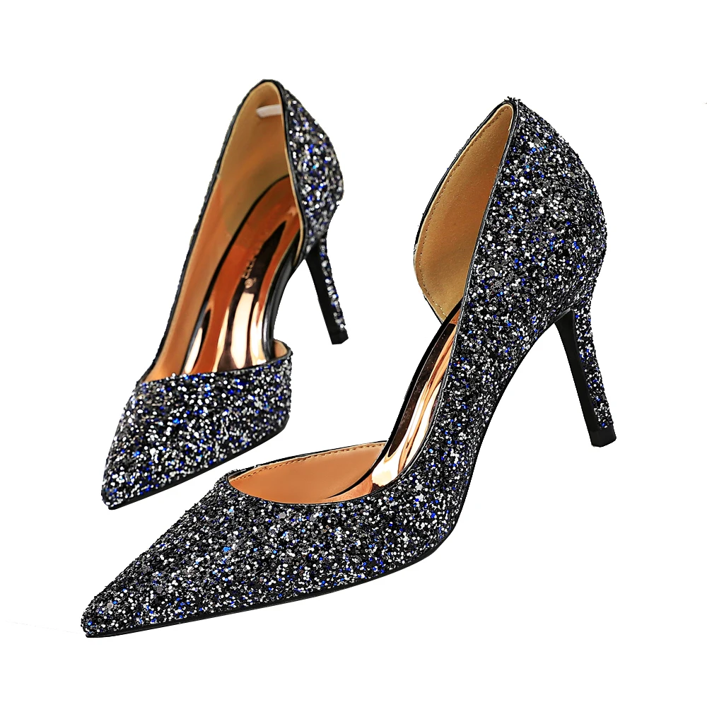 

Sexy slimming nightclub high heels shallow mouth pointed side hollow shining sequins high heel women's shoes