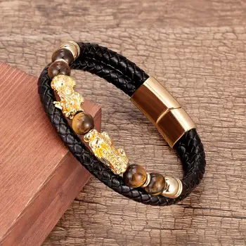 100% Natural Tiger Eye Stone Beads Bracelet For Men Stainless Steel Magnetic Clasp Golden Pixiu Wealth Lucky Men Women Bracelets