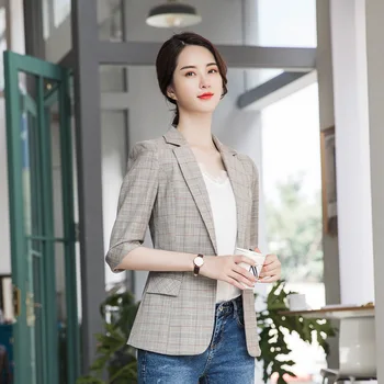 

20207 Points Sleeve Small Suit Female Slim Fit Foreign Style Heart Machine Xiaozhong Sexy Business Grid Hj1903
