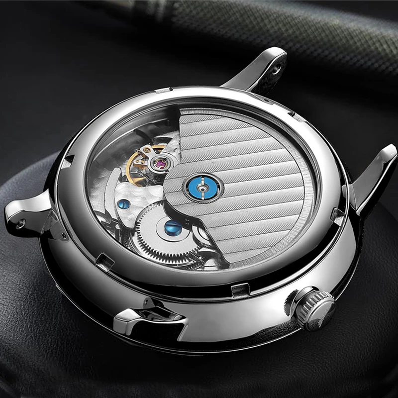 Новинка, модные мужские синие часы с большим циферблатом, автоматические полые 30 метров водонепроницаемые механические наручные часы со стальным ремешком для мужчин