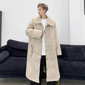 

Male Streetwear Hip Hop Vintage Loose Warm Coat Windbreaker Overcoat Men Winter Velvet Thicken Long Parka Jacket Outerwear