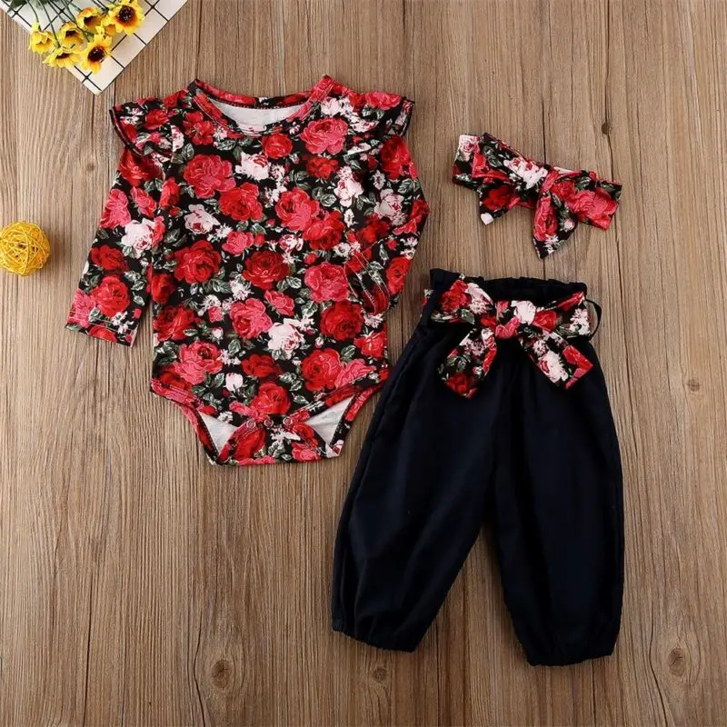 Pudcoco/комплект одежды для новорожденных девочек 0-18 месяцев, комбинезон с длинными рукавами и цветочным рисунком, топы+ черные штаны, штаны и повязка на голову, осенне-зимняя одежда