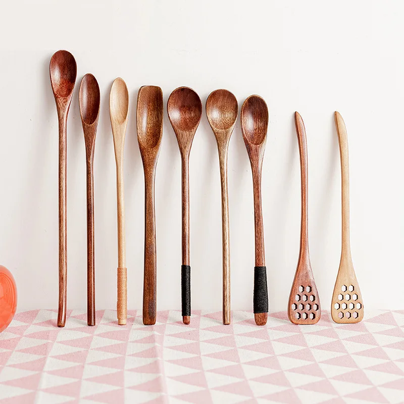 Wooden Spoon Mixing Rice Salad Spoon Long Handle Dessert Condiment Sugar Salt Spice Tableware Kitchen Tools 1 Piece