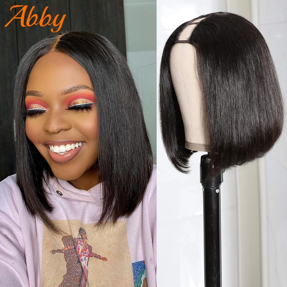 U parte pelucas recto peruano Bob corto pelucas de cabello humano para las mujeres negras 180% de densidad Real cuero cabelludo pelucas de cabello humano AbbyHair en venta