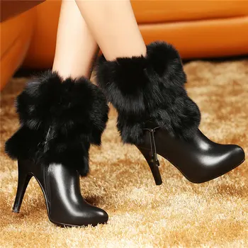 

Black White Women Cow Leather High Heel Snow Boots High Top Rabbit Fur Platform Pumps Shoes Round Toe Winter Warm Ankle Boots