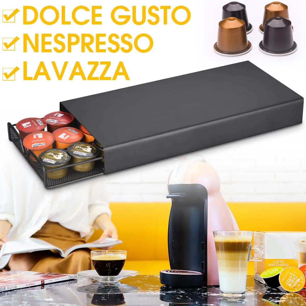 Модный кронштейн для кофейных капсул для dolcee/Gusto/Lavazza/Nespresso, 24 шт., емкость, черный железный держатель для кофе, капсулы для хранения, полка