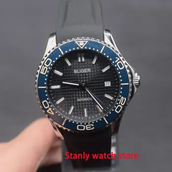 

Luxury Bliger 41mm black dial luminous blue ceramic rotating bezel sapphire glass miyota 8215 automatic movement men's watch