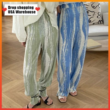 

OUSHANG Glittering Fashion Long Pants Elastic Waist Trouser Floor-Length Pants Rendering Pleat Casual Wide Leg Straight Pants