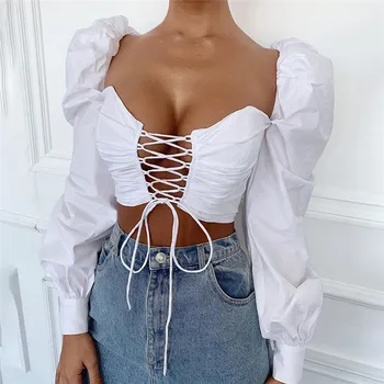 Women Ladies Puff Sleeve Strapless Crop Tops White Shirts Sexy Solid Hollow Out Lace-up Blouses Women Midriff-baring Tops 1