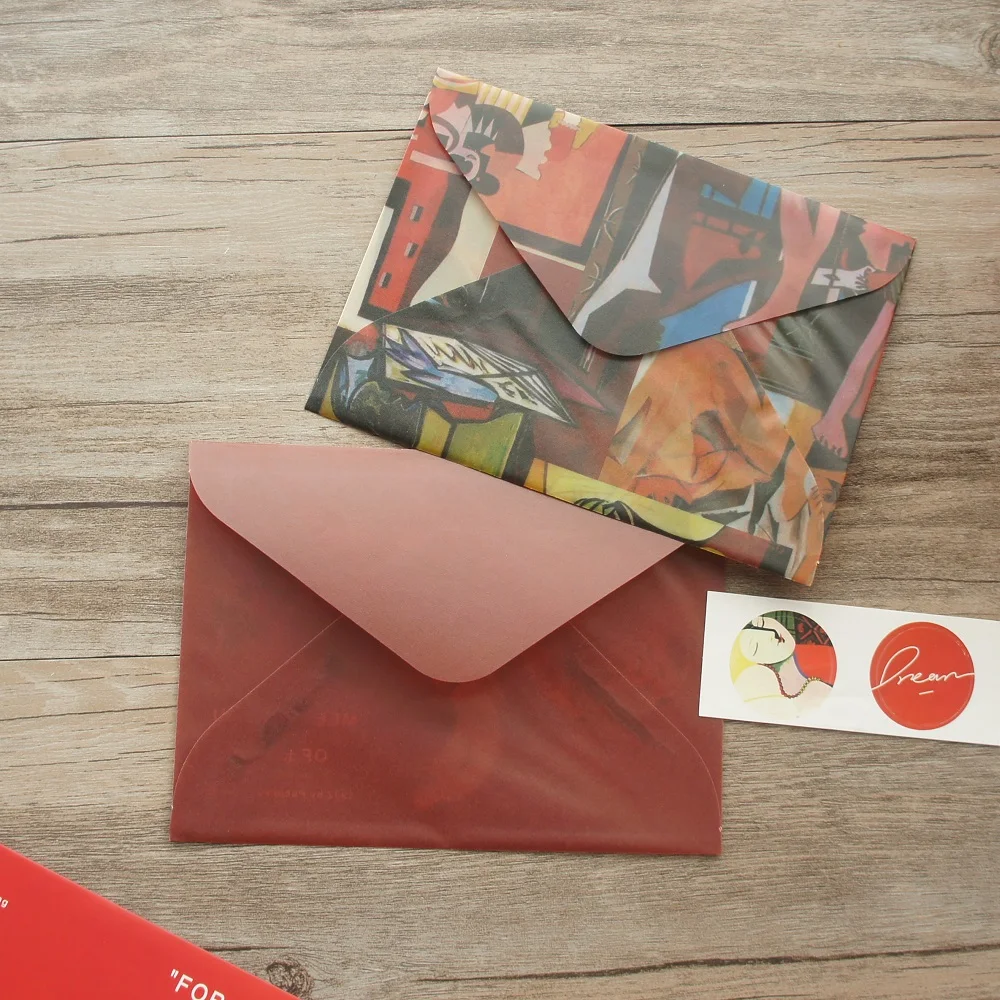 2 Envelopes 2 Card Sticker Set Abstract Oil Painting Design Envelop Message Card Invitation Envelop Transparent Paper