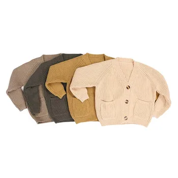 

KIds Autumn Clothes Solid-Color V-Neck Long-Sleeves Sweater Coat Button Opening Woven Cardigan with Pockets for Little Boy Girl