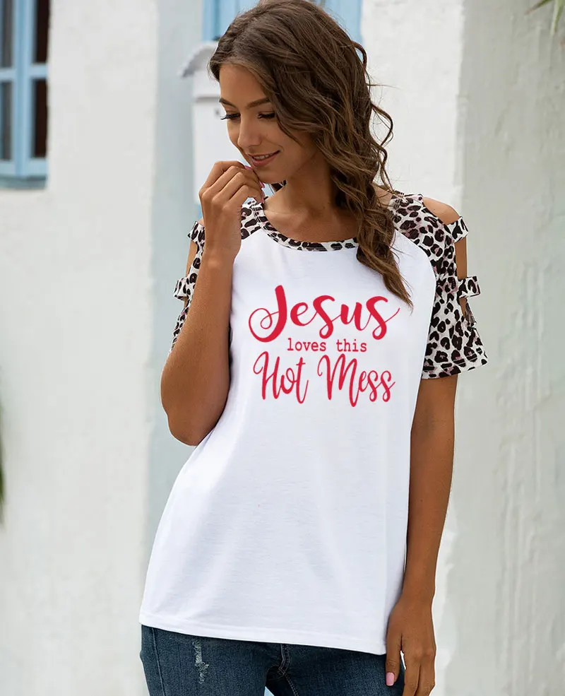 

Jesus loves this Hot Mess Women tshirt Leopard Casual harajuku hollow sleeve t shirt Gift For Lady thanksgiving Girl Top Tee