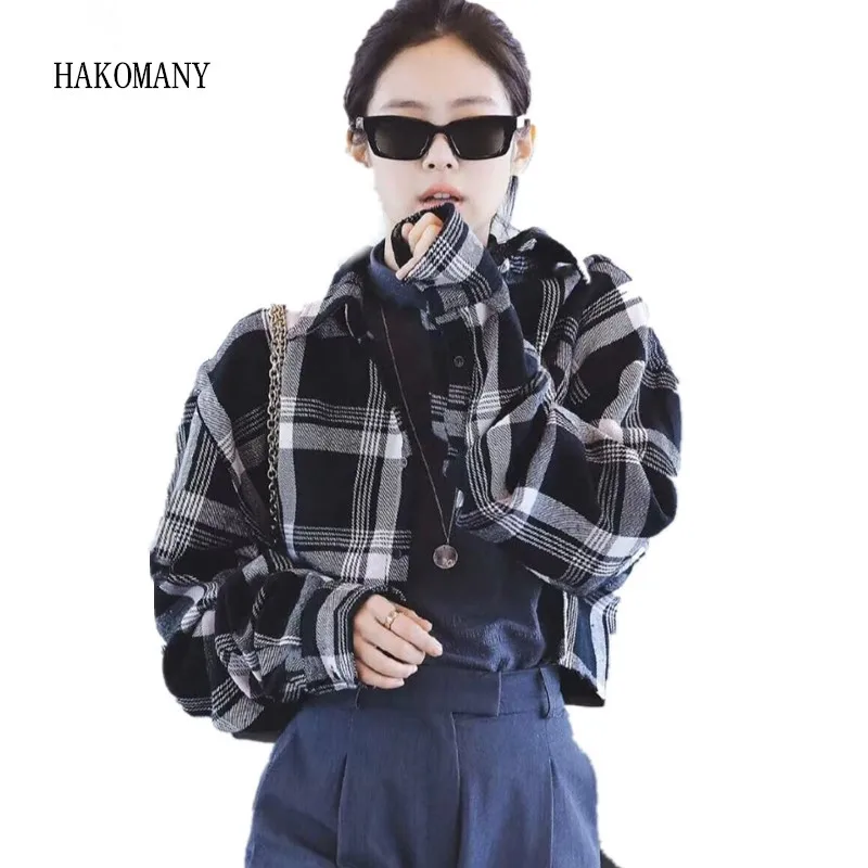 Extra Short Black Gray Check Plaid Shirt Korea Clothing Retro 2020 Woman Lapel Long sleeve Cropped Blouse Tops