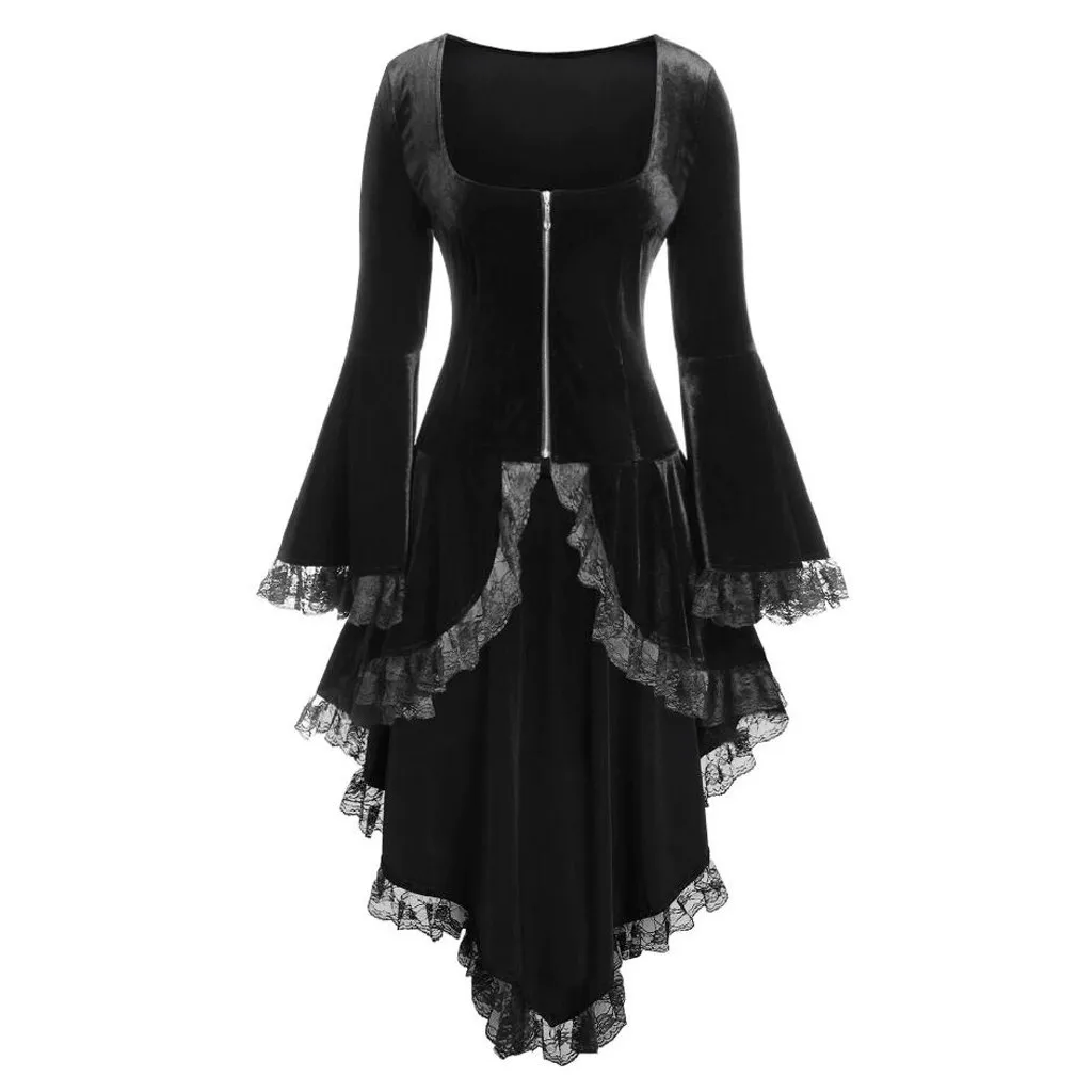 Black Женское платье большого размера, с длинным рукавом, ropa mujer, модное, кружевное, с высоким верхом, с баской, бархатное, на молнии, зимнее, dressvestido de festa - Цвет: Black