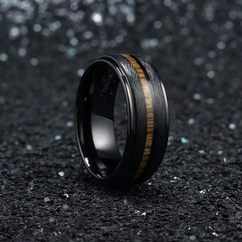 Wedding Rings 8mm Men Tungsten Inlay Hawaiian Koa Wood And Meteorites Matte Brushed Finish