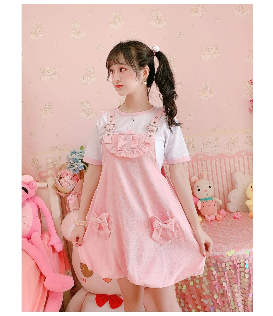 Autumn Women Jumper Skirt Pink Bow Heart Shap Kawai Sweet Suspender Strap  Lolita Cute Braces Dress Casual Loose JSK - AliExpress