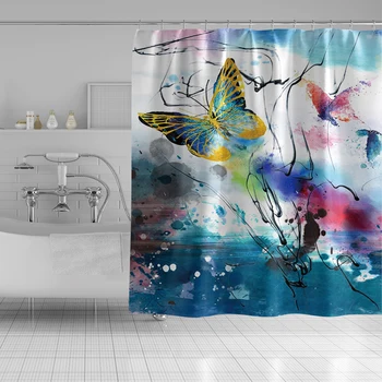 

Butterfly Floral Natural Scenery Printed Wall Hanging Shower Curtains Bathroom Decoration Waterproof Bath Screens Large Size