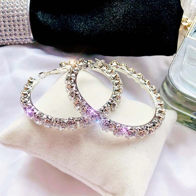 Glittering Large Purple Rhinestone Hoop Earrings