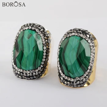 

BOROSA Gold Silver Plated Natural Malachite Open Rings Cubic Zirconia Crystal Ring for Women Engagement Ring Jewelry JAB974