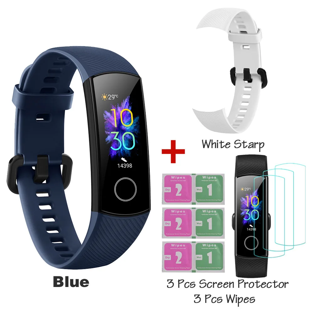 Huawei Honor Band 5, смарт-браслет, глобальная версия, кровяный кислород, Смарт-часы AMOLED, huawei, смарт-браслет, пульсометр, фитнес-трекер сна - Цвет: Blue White Strap