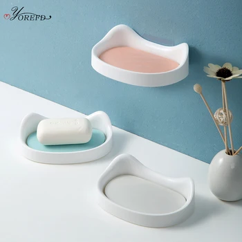 

OYOREFD Wall Mounted Cat Shape Soap Holder Bathroom Drain Soap Dish Cute Cartoon Double Layer Soap Box Bathroom Accessories