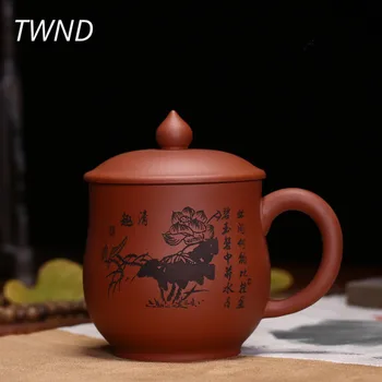 

400CC yixing tea cups with cover set chinese tea mugs ore purple clay sand handpainted lotus drinkware 16.2