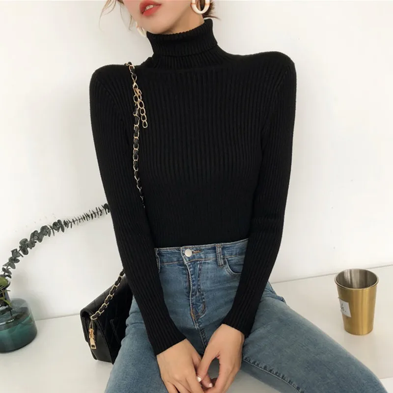 Wholesale Autumn Fall Women Sweater Slim Soft Long Sleeve High Neck Knit Pullover Sexy Slim Stretch Turtleneck Black Sweaters