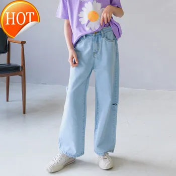 

Girls Ripped Wide Leg Pants 2020 New Summer Jeans Western Style Korean Style Children's Thin All-match Straight-Leg Pants