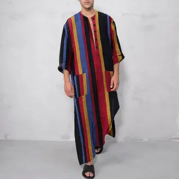 

Men Jubba Thobe Mens Striped Muslim Kaftan Islamic Arabic Long Sleeve Casual Vintage Robes Middle East Dubai Caftan Plus Size