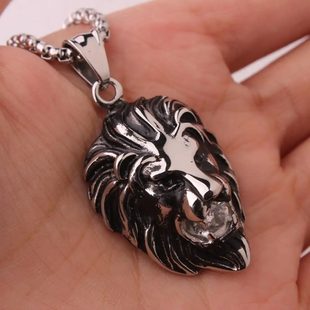 

Hip Hop Rock Men's 316L Stainless Steel Lion Head Pendant Necklace with Rhinstone Jewelry Best Men's Christmas Gift