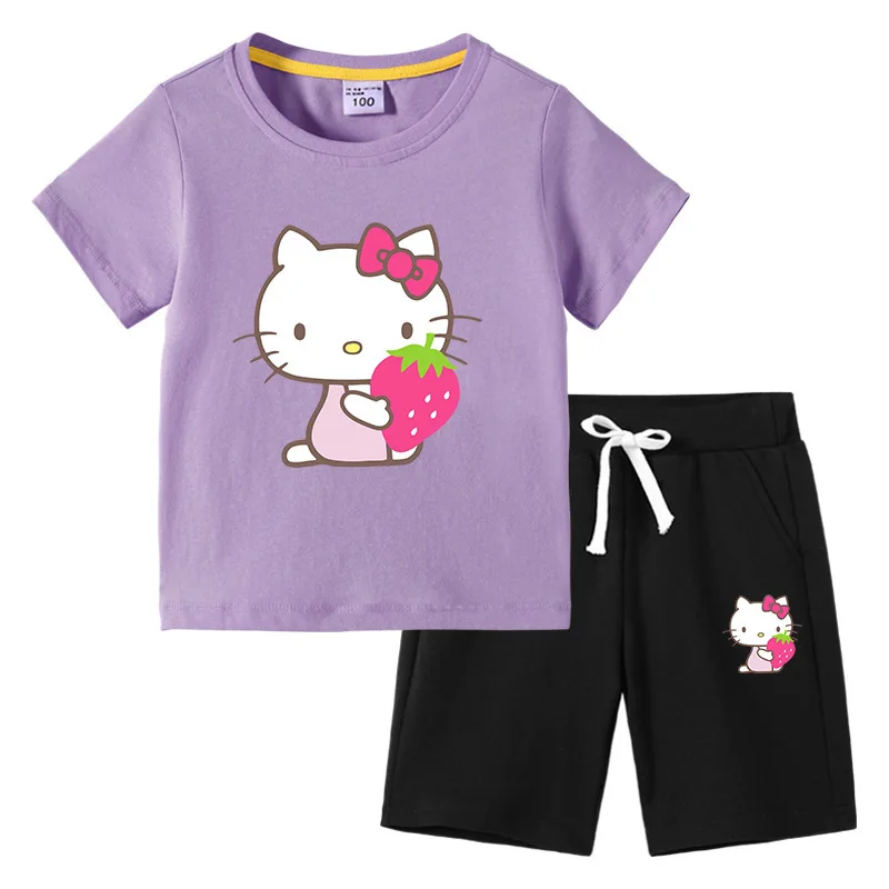 thumbnail image 1 of Camiseta con estampado de dibujos animados de verano de Hello Kitty + Pantalones casuales traje de dos piezas de manga corta de algodón para niños y niñas pueden usar, 1 of 4