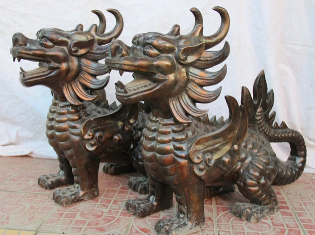001459 3" Китайский Бронзовый зверь муха Kylin Chi-lin Qilin Скульптура Статуя Пара(A0414