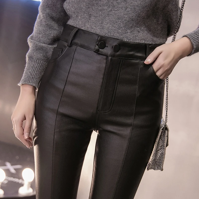 2018 новые осенние зимние женские брюки женские толстые из искусственной кожи плюс размер брюки теплые зимние с высокой талией сексуальные