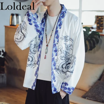 

Loldeal Men Japan Style Kimono Cardigan Shirt Coat Traditional Loose Printing Fashion Casual